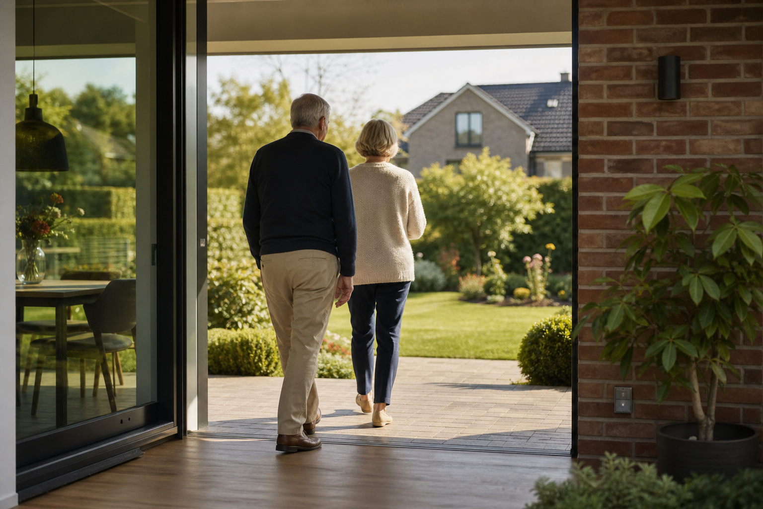 Älteres Paar geht gemeinsam vom Haus in den Garten