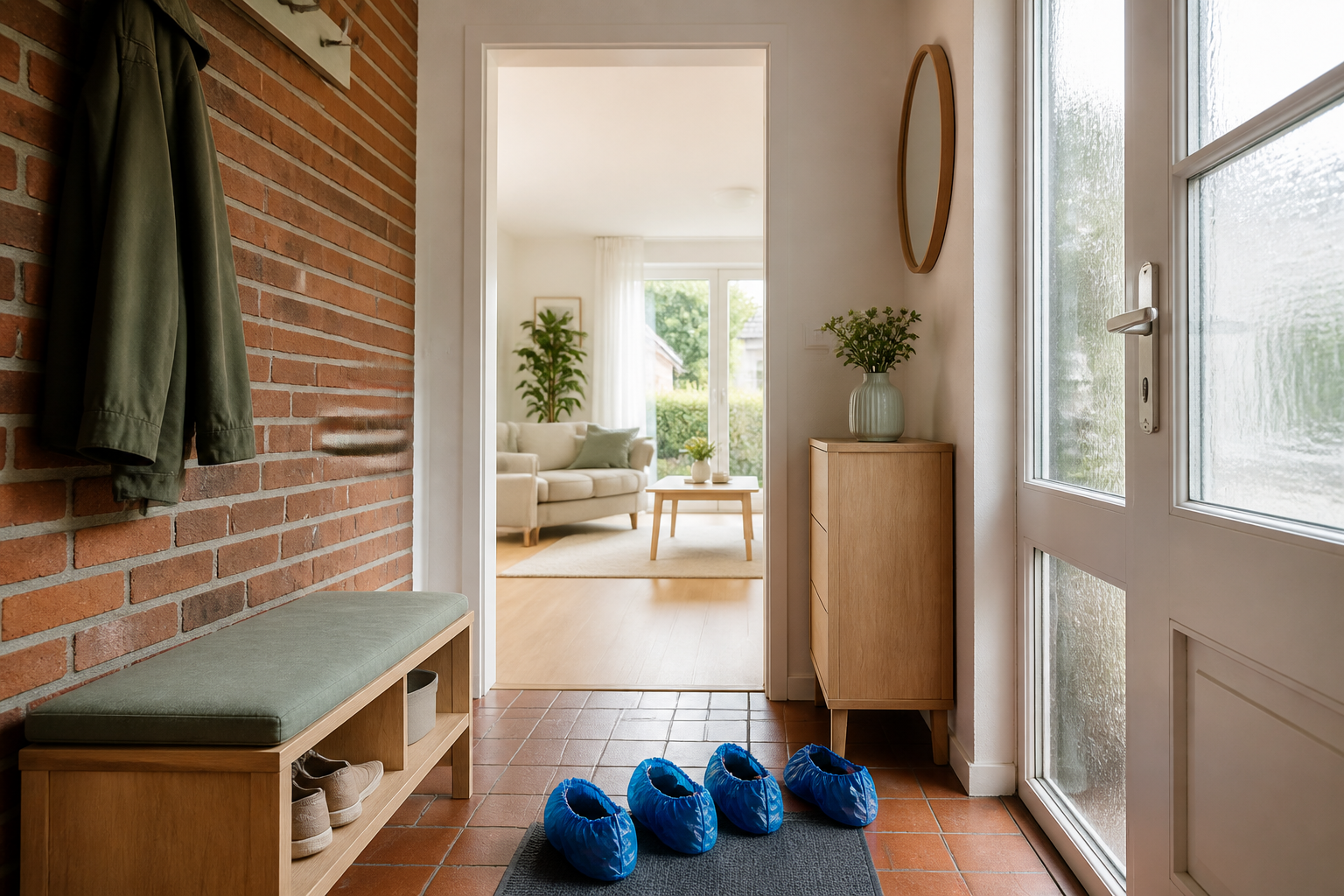 Vorbereiteter heller Eingangsbereich mit Schuhüberziehern