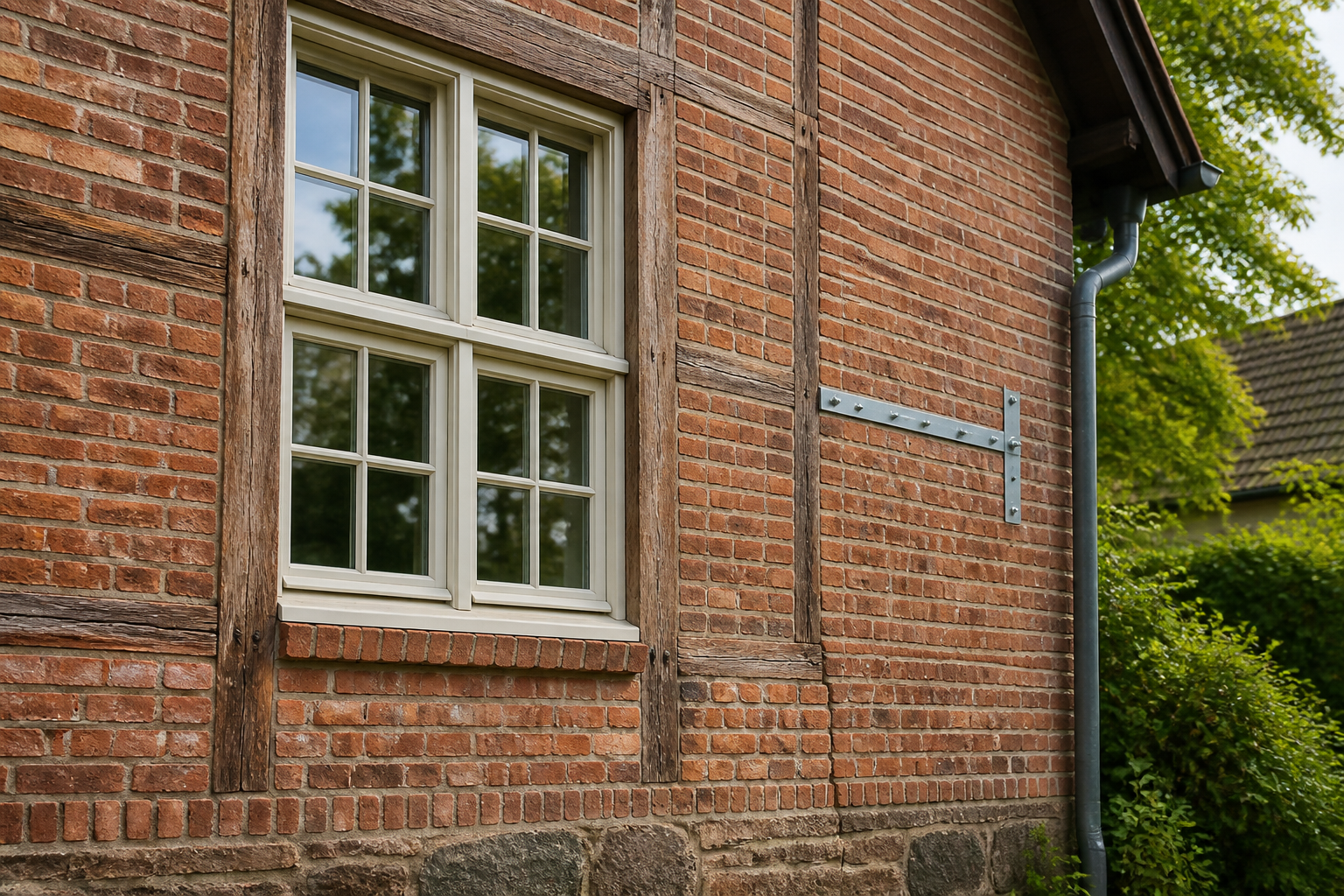 Historische Backsteinfassade mit Fachwerk und gepflegtem Fenster