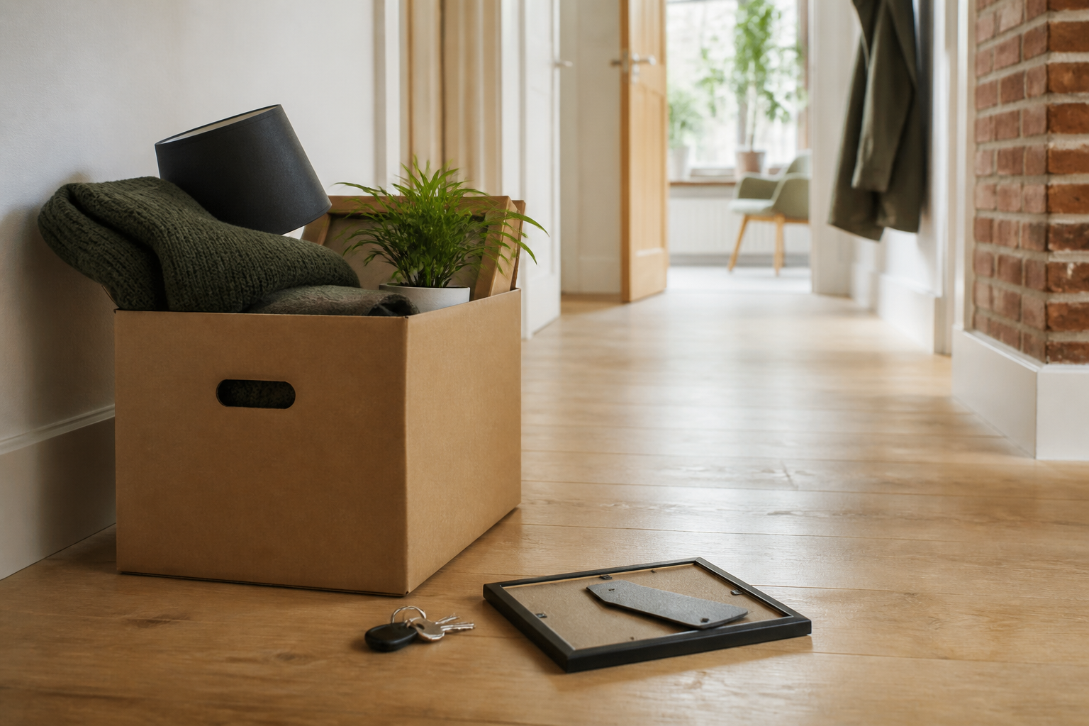 Umzugskarton und Schlüssel in einem hellen Wohnungsflur