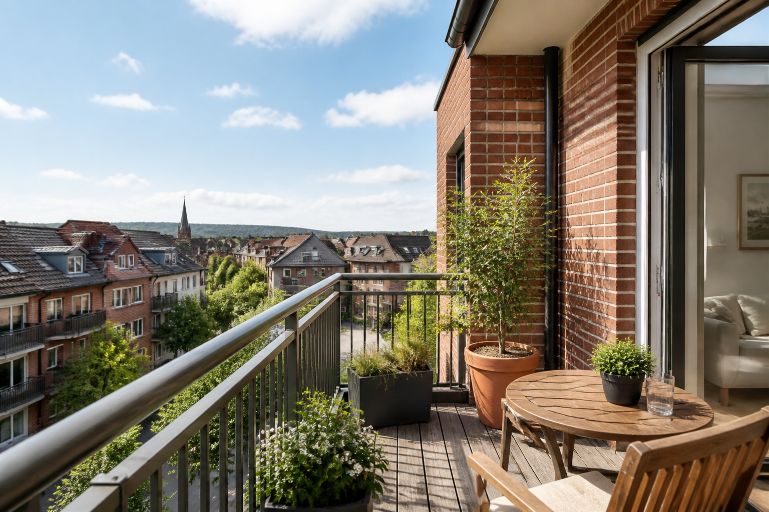 Gepflegter Balkon mit Blick über ein generisches Wohnquartier