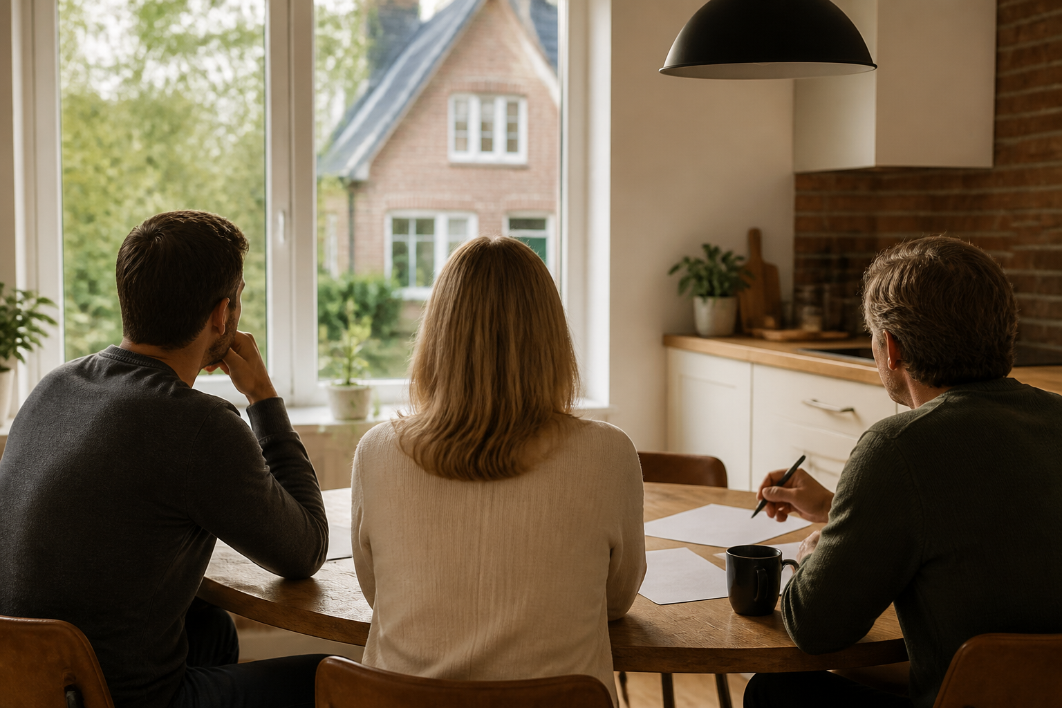 Drei Angehörige besprechen gemeinsam eine Immobilie am Tisch
