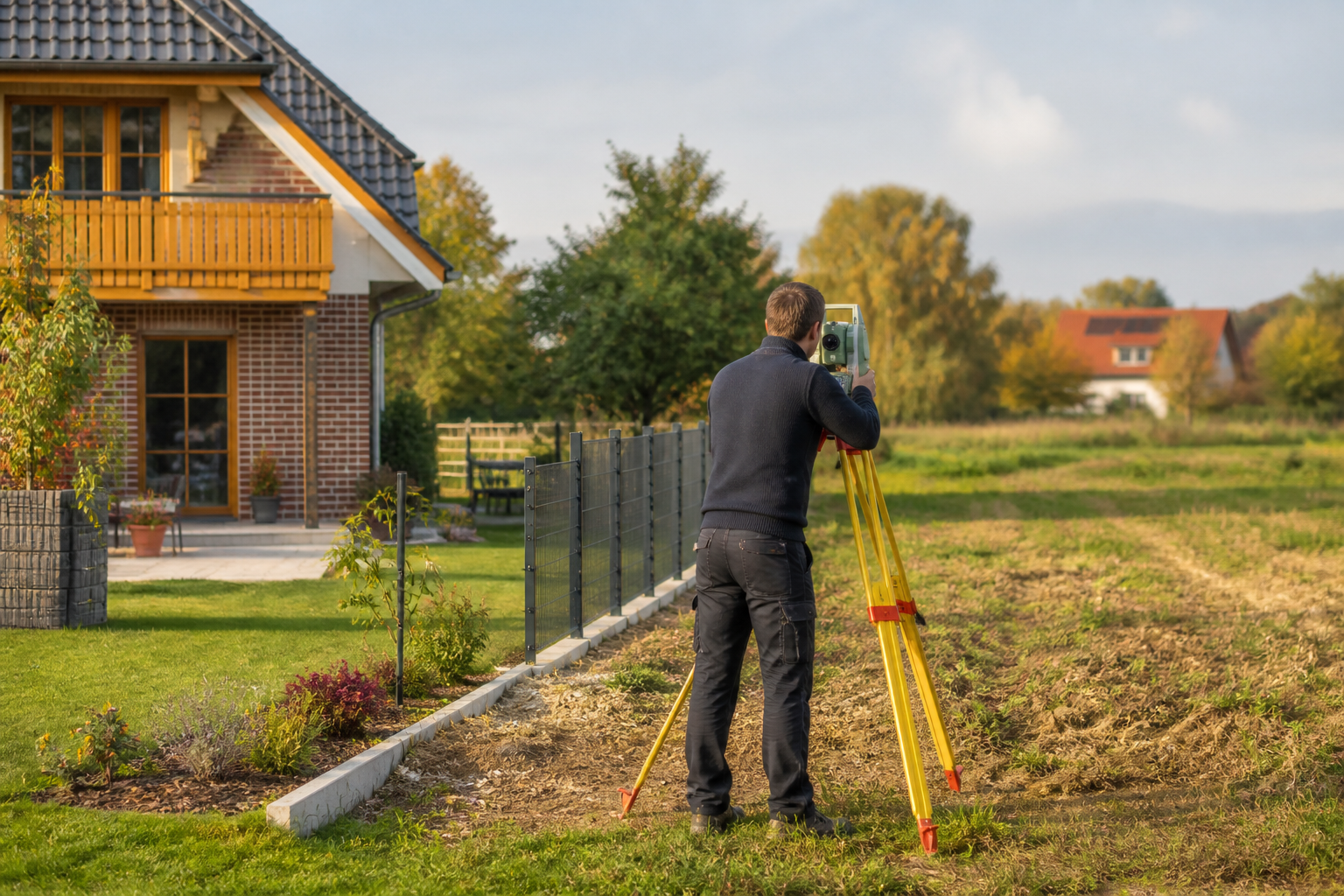 Vermesser arbeitet an der Grenze zwischen Garten und freier Fläche