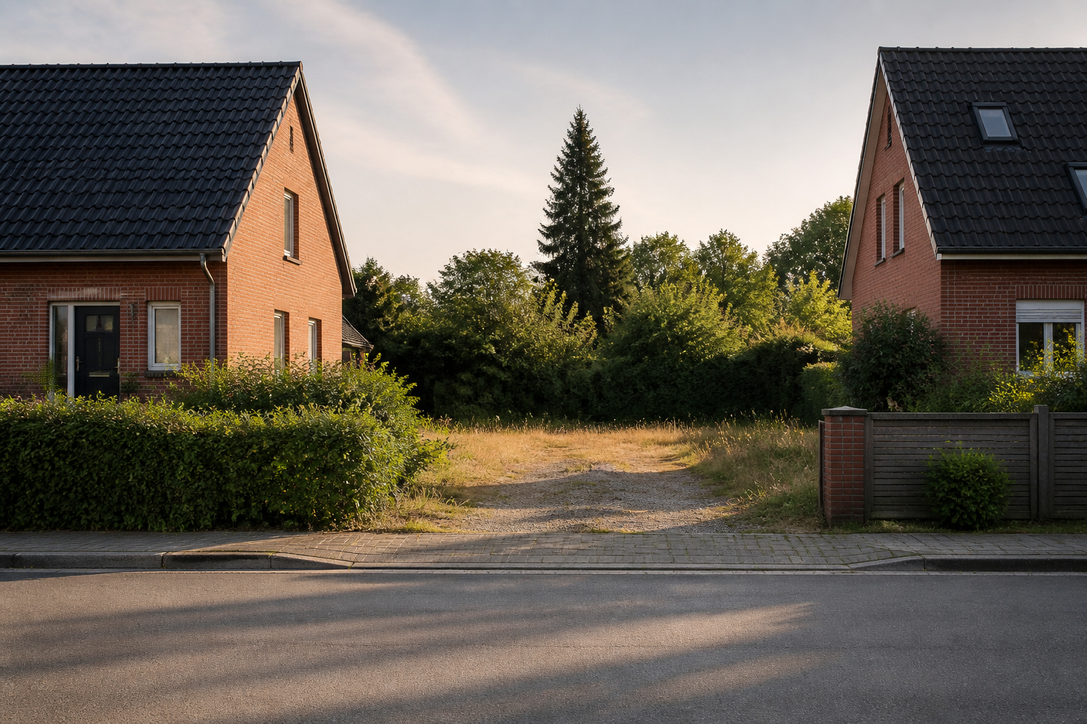 Freies Grundstück zwischen zwei Backsteinhäusern mit Straßenzugang