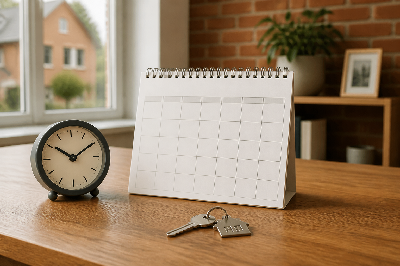 Leerer Kalender, Uhr und Hausschlüssel auf einem Tisch