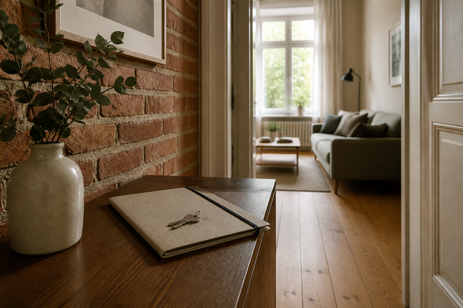 Geordnete Mietunterlagen und Schlüssel vor einer bewohnten Wohnung