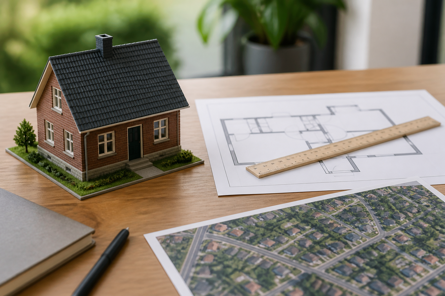 Modellhaus, Grundriss, Lineal und unbeschriftete Gebietskarte